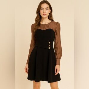 Dress Elegant Two-Tone Long Sleeve Dress – Black & Mocha Brown – Size M NWT